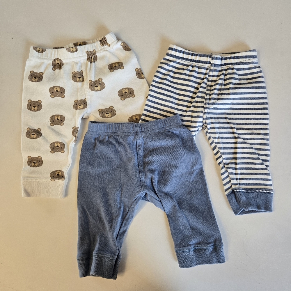 Baby Pants Set with Bear Print, Stripes, And Solid Blue 6-9m